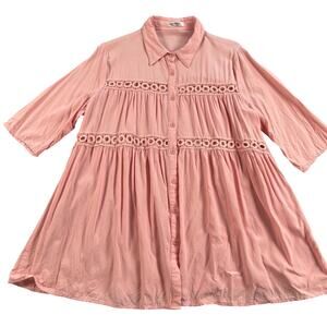 Hotouch Top Womens Medium Pink A-line Flowy Crochet Trim Button Front Tunic